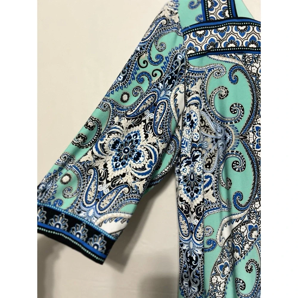 Teal Blue White Beige‎ Paisley Artsy Career Professional Office Dress L